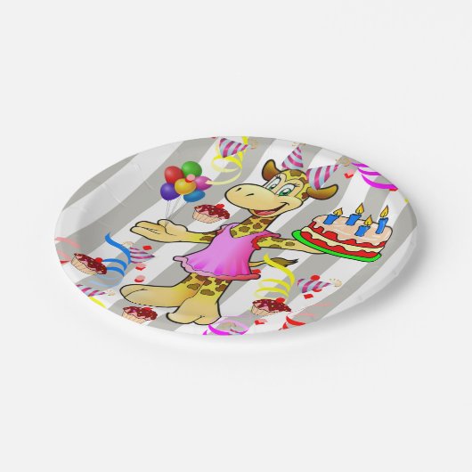 紙プレートグレイ&ホワイトストライプ誕生日 ペーパープレート (アングル)