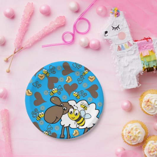 紙プレートシープビーブラウンハートブルー ペーパープレート (パーティー)