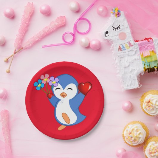 紙プレートバレンタインデペンギンハート ペーパープレート (パーティー)