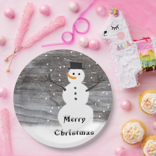 紙プレートホワイト素朴雪だるまメリークリスマス ペーパープレート (パーティー)