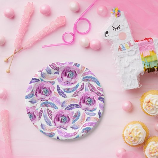 紙プレートラベンダーと羽と花 ペーパープレート (パーティー)