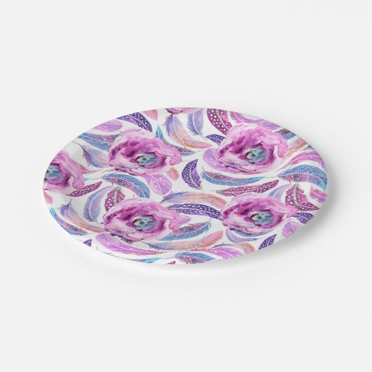 紙プレートラベンダーと羽と花 ペーパープレート (アングル)