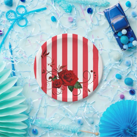 紙プレートレッド&ホワイトストライプレッドローズフローラ ペーパープレート (パーティー)