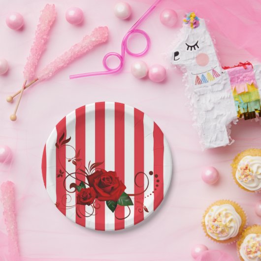 紙プレートレッド&ホワイトストライプレッドローズフローラ ペーパープレート (パーティー)