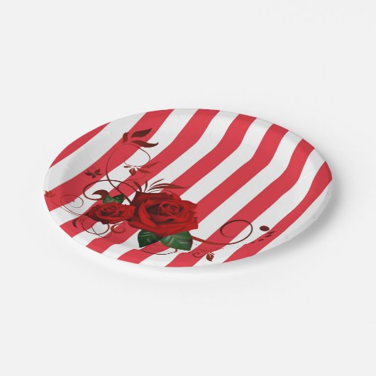 紙プレートレッド&ホワイトストライプレッドローズフローラ ペーパープレート (アングル)