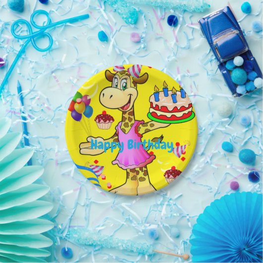 紙プレート、キリンハッピーバースデーケーキイエロー ペーパープレート (パーティー)