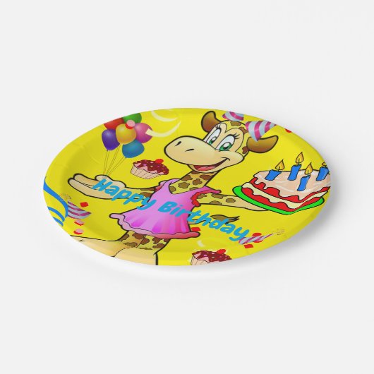 紙プレート、キリンハッピーバースデーケーキイエロー ペーパープレート (アングル)