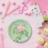 紙プレート、グリーンストライプフローラピンクローズ ペーパープレート (パーティー)