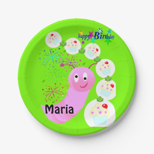 紙プレート、ハッピーバースデーピンクウォームカップケーキ ペーパープレート (正面)