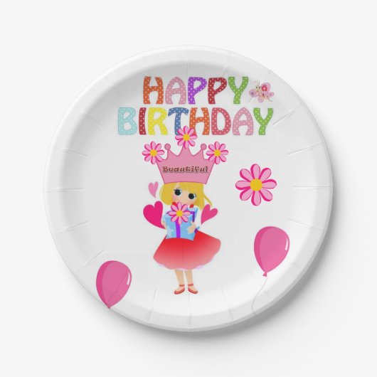 紙プレート、ハッピーバースデーピンクプリンセス ペーパープレート (正面)