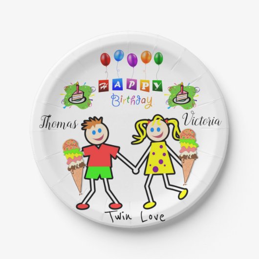 紙プレート、ハッピーバースデー双子 ペーパープレート (正面)