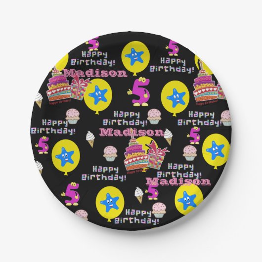 紙プレート、ハッピーファイブ誕生日#5バルーン ペーパープレート (正面)