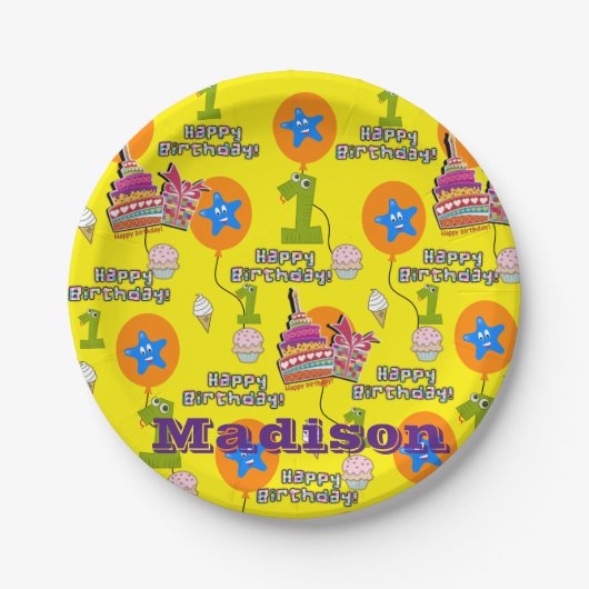 紙プレート、ハッピー最初の誕生日#1バルーン ペーパープレート (正面)