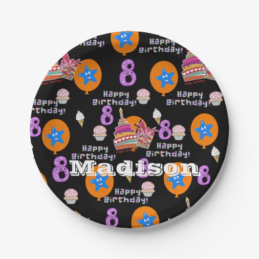 紙プレート、ハッピー8誕生日#8バルーン ペーパープレート (正面)