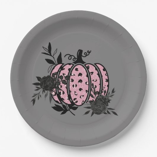 紙プレート、ピンクと黒ヒョウのカボチャ ペーパープレート (正面)