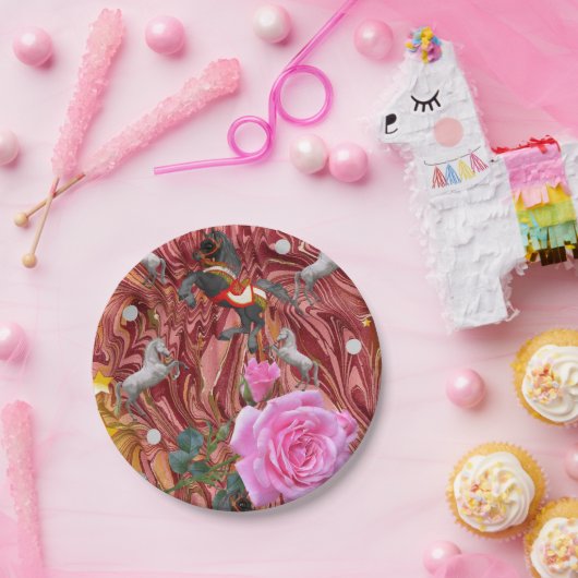 紙プレート、ピンクのバラフローラ花馬 ペーパープレート (パーティー)