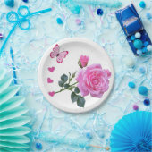 紙プレート、ピンクローズフローラ蝶ハート ペーパープレート (パーティー)