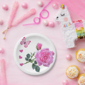 紙プレート、ピンクローズフローラ蝶ハート ペーパープレート (パーティー)