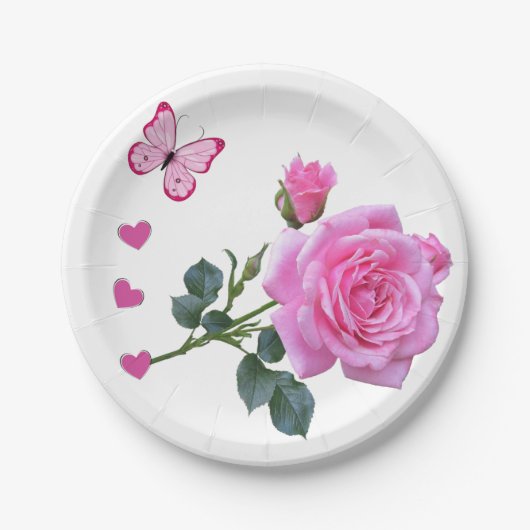 紙プレート、ピンクローズフローラ蝶ハート ペーパープレート (正面)