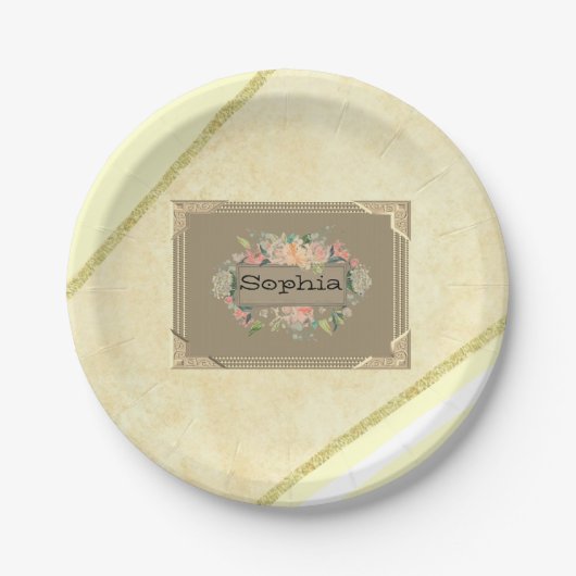 紙プレート、ベージュ金ゴールドストライプフローラモノグラム ペーパープレート (正面)