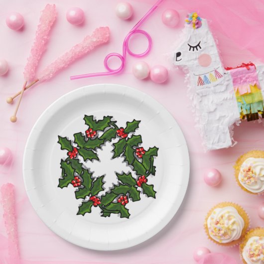 紙プレート – ホリーのリースと離れベリーの ペーパープレート (パーティー)
