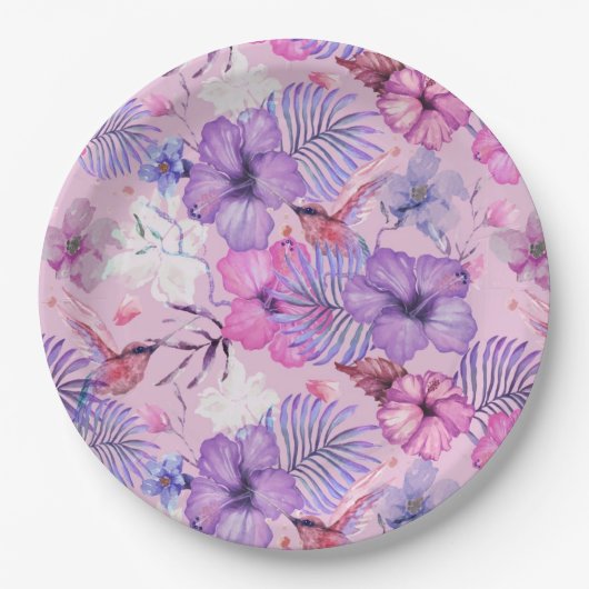 紙プレート: 水彩ハイビスカス&ハミングバード ペーパープレート (正面)