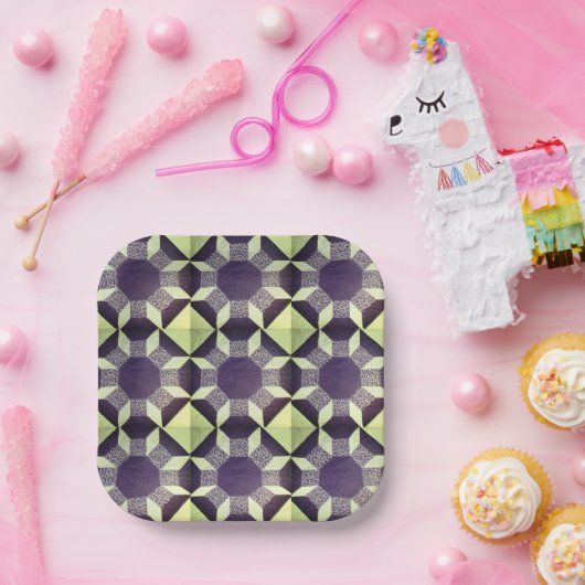 紙プレート – 緑と青のキルトパターン ペーパープレート (パーティー)