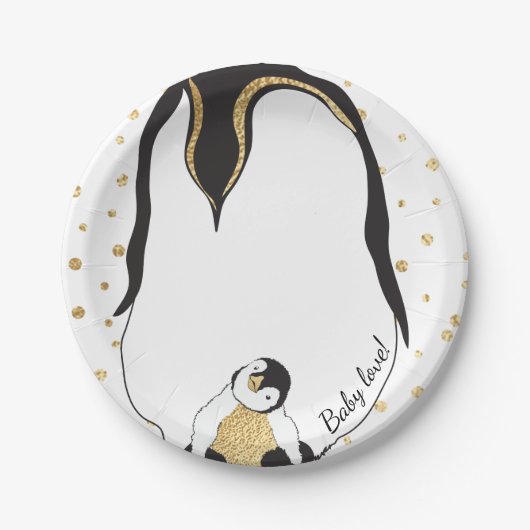 紙プレート「金ゴールドベビー&モミーペンギン」 ペーパープレート (正面)