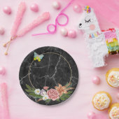 紙プレート、黒大理石バタフライフローラル花 ペーパープレート (パーティー)