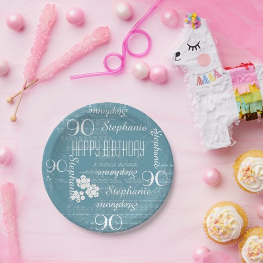紙プレート、90thバースデーパーティーブルーブルフローラ ペーパープレート (パーティー)