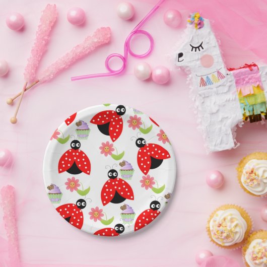 紙プレート、Ladybugカップケーキフローラ花 ペーパープレート (パーティー)