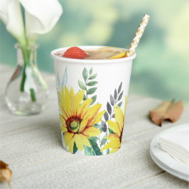 紙ベビーシャワーカップ水色ひまわり花。 紙コップ