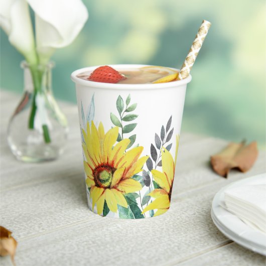 紙ベビーシャワーカップ水色ひまわり花。 紙コップ (インサイチュ)