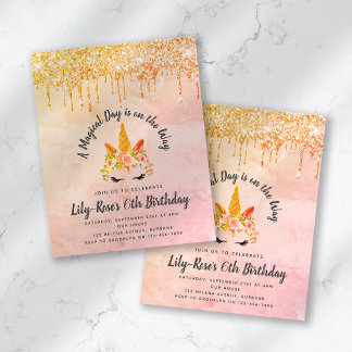 紙ユニコーン顔グリッター誕生日招待状 チラシ