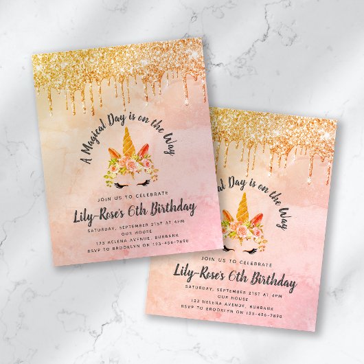 紙ユニコーン顔グリッター誕生日招待状 チラシ