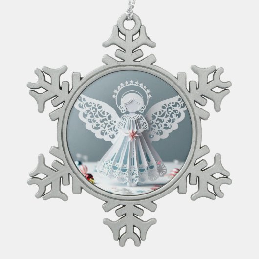 紙レースエンジェルクリスマスクラフツアート スノーフレークピューターオーナメント (正面)