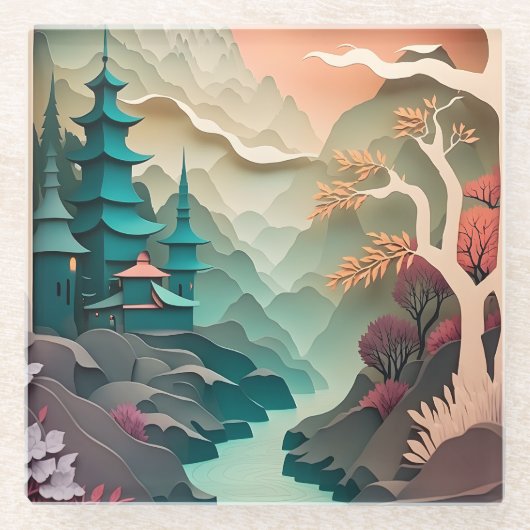 紙切り出しランドスケープガラスコースター ガラスコースター (正面)