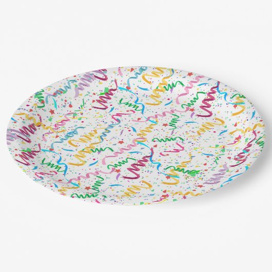 紙吹雪とストリーマーお祝い誕生日パーティー ペーパープレート (アングル)