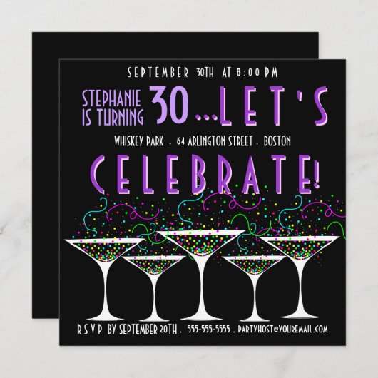 紙吹雪のカクテルの誕生日のParyの招待状 招待状 (正面/裏面)