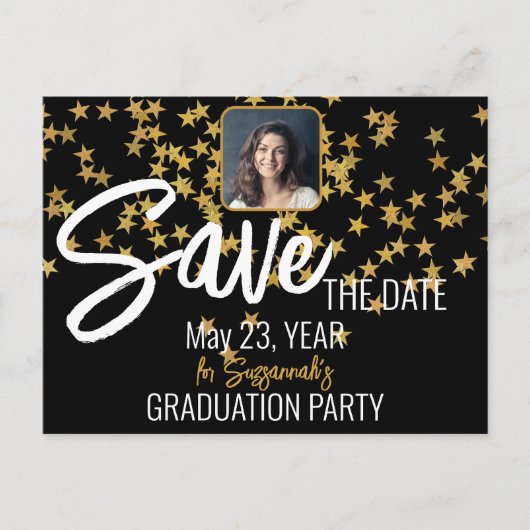 紙吹雪のカスタムトップ写真の卒業日付の保存 案内ポストカード (正面)