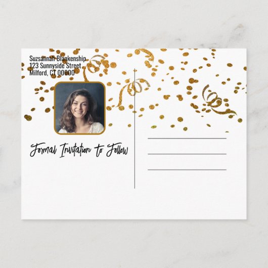 紙吹雪のカスタムトップ写真の卒業日付を保存 案内ポストカード (裏面)