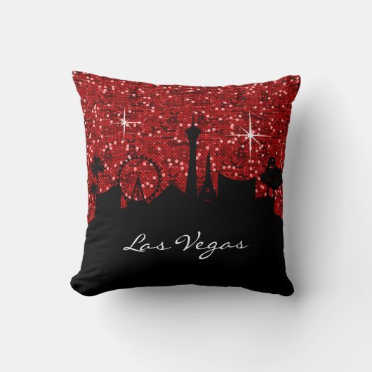 紙吹雪のグリッターのラスベガスの黒く及び赤いスカイライン クッション (正面)
