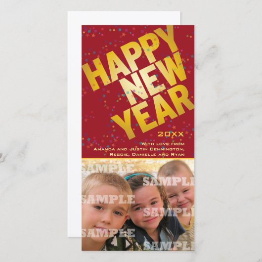 紙吹雪の金ゴールドのお祝いの新年の写真カード シーズンカード (正面/裏面)