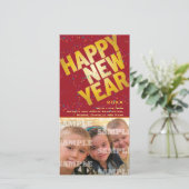 紙吹雪の金ゴールドのお祝いの新年の写真カード シーズンカード (スタンド正面)