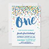 紙吹雪の青いグリッターの最初誕生日の招待状 招待状 (正面)