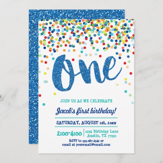 紙吹雪の青いグリッターの最初誕生日の招待状 招待状 (正面/裏面)