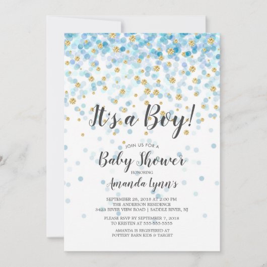 紙吹雪は男の子のシャワー招待状 招待状 (正面)