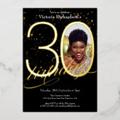 紙吹雪エレガントブラック金ゴールド写真30歳の誕生日 箔招待状 (正面)