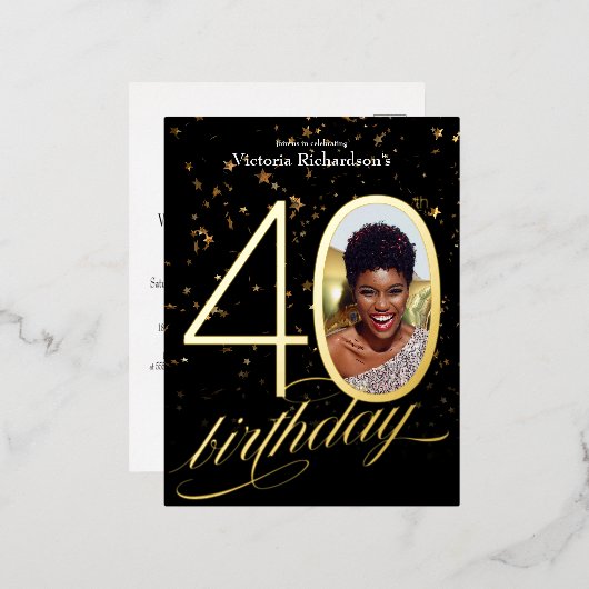 紙吹雪エレガントブラック金ゴールド写真40歳の誕生日 箔招待状ポストカード (正面/裏面)