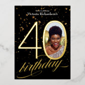 紙吹雪エレガントブラック金ゴールド写真40歳の誕生日 箔招待状ポストカード (正面)
